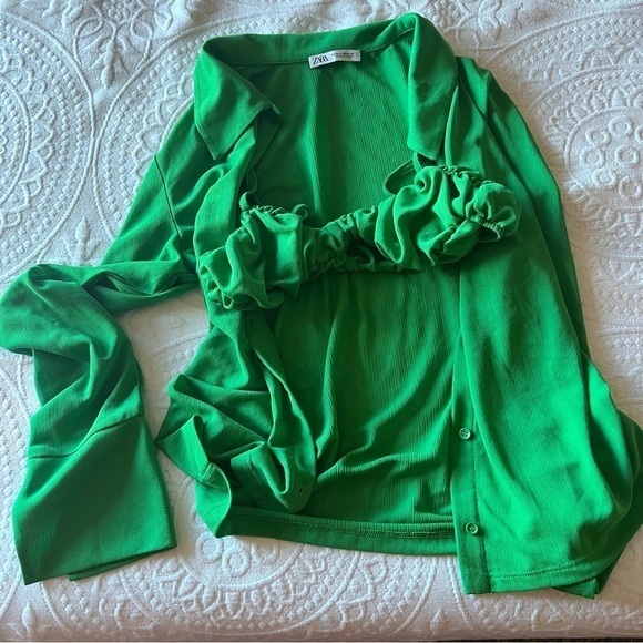ZARA Green Sheer BUTTON DOWN SHIRT with built‎ in bralette - Picture 3 of 4